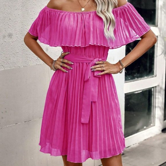 Hot Pink Casual Womens Off Shoulder Pleated Belted Dress - Picture 2 of 5